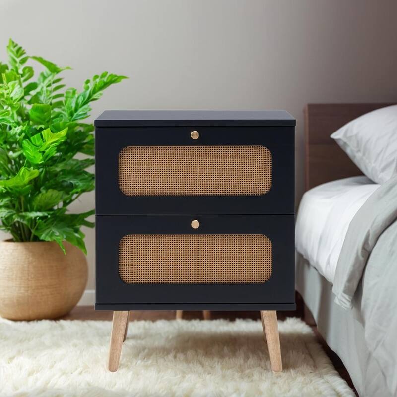Boho Rattan 2-Drawer Nightstand, Handmade Woven Accent End Table, Side Table for Bedroom and Living Room - Black