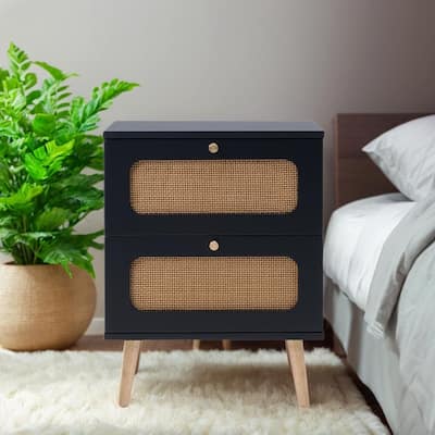 Boho Rattan 2-Drawer Nightstand, Handmade Woven Accent End Table, Side Table for Bedroom and Living Room