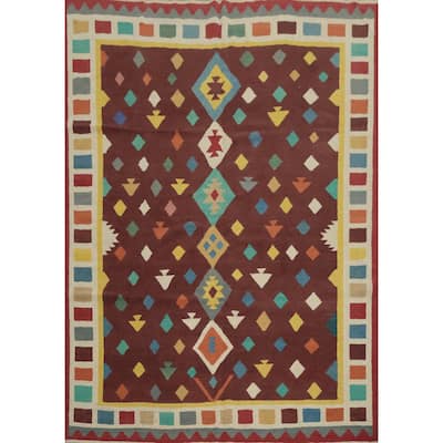Hand Woven Oriental 100% Wool Carpet Southwestern Tribal Brown Kilim Area Rug - 9' 9'' X 8' 6''