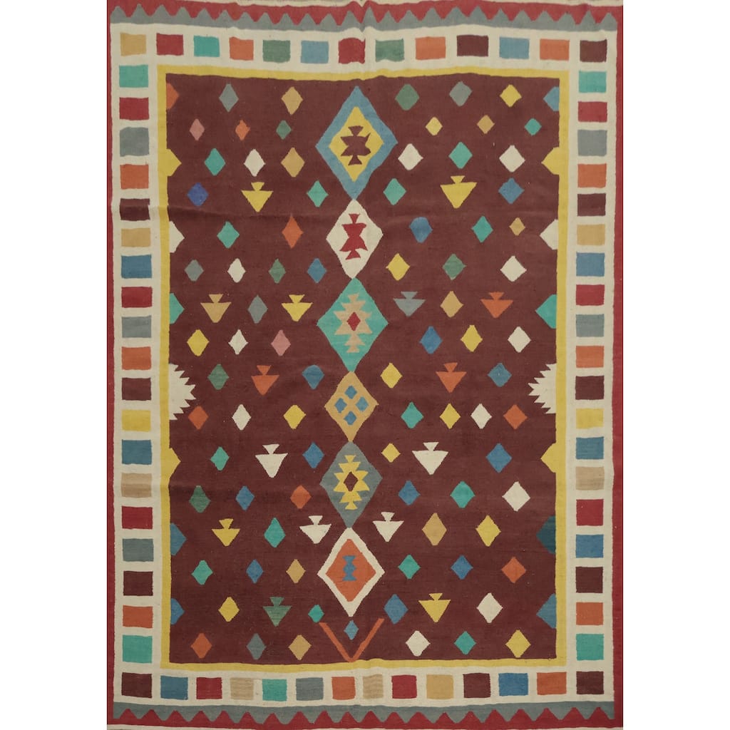 Hand Woven Oriental 100% Wool Carpet Southwestern Tribal Brown Kilim Area Rug - 9' 9'' X 8' 6''