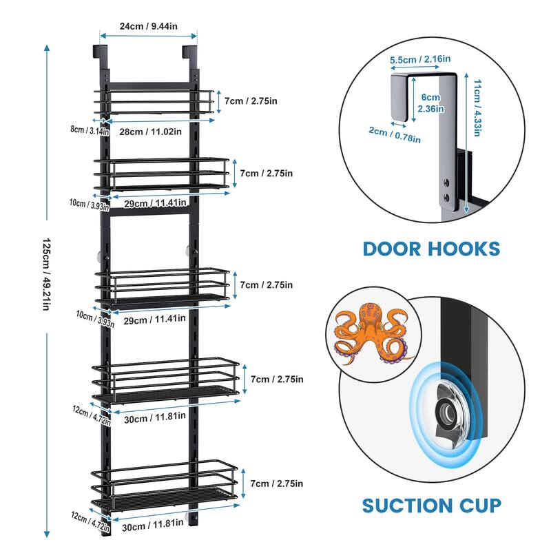 Adjustable 5-Tier Over the Door Pantry Organizer, Spice Rack, Narrow Hanging Shelf for Kitchen Storage and Organization