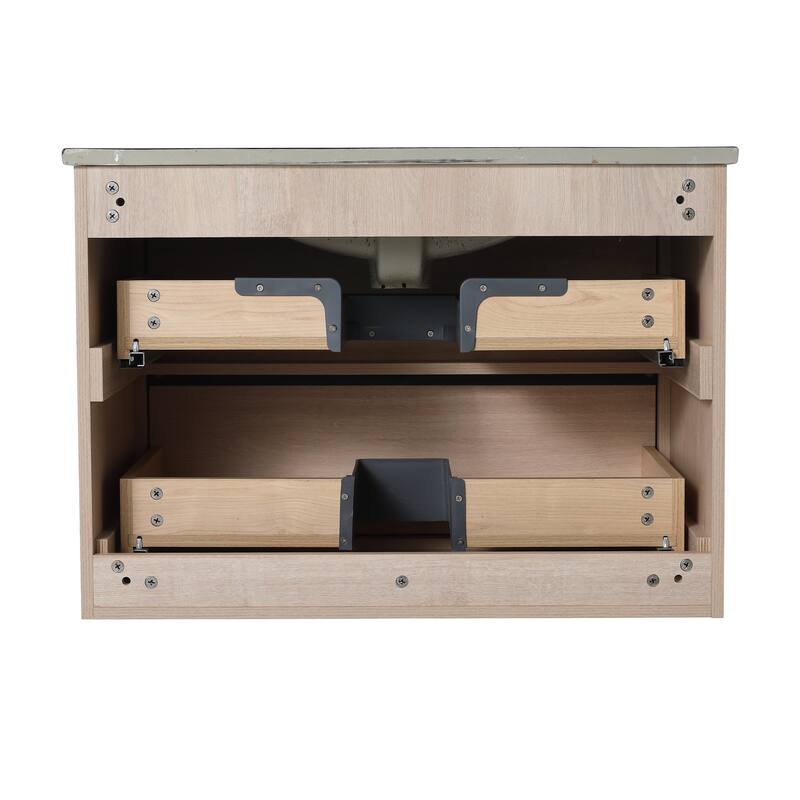 Wall-Mounted Plywood Bathroom Vanity Set in Plain Light Oak with Integrated Sink