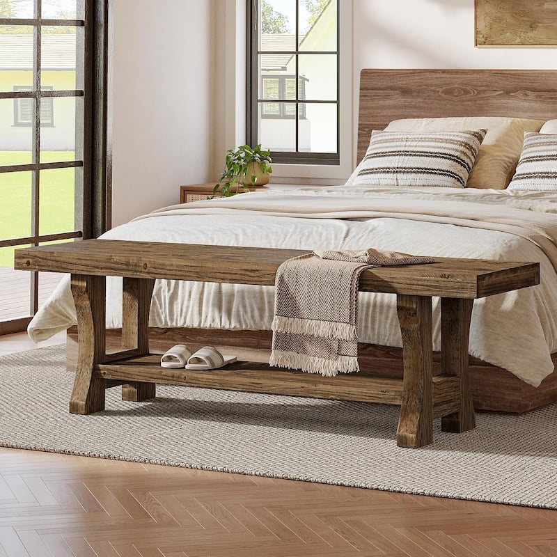 55 Inch Solid Wood Entryway Bench with Shoe Storage, 2-Tier End of Bed Bench Foyer Dining Bench - 55.1" W x 13.8" D x 17.7" H