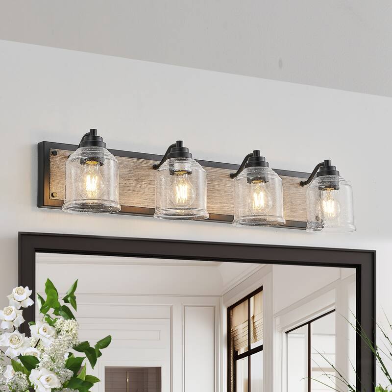 32" Farmhouse Vanity Light Fixture, 4-Light Bathroom Wall Sconce with Clear Seeded Glass Shades, Black and Wood Grain Finish
