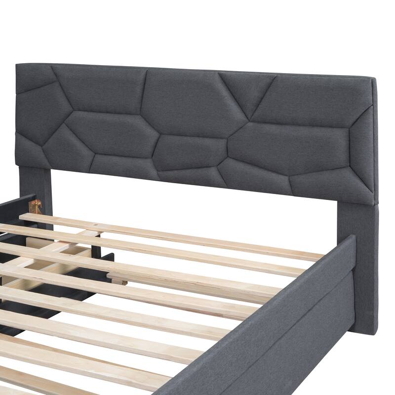 Full Upholstered Platform Bed with Brick Headboard, Twin Trundle, 2 Drawers, Gray Linen Fabric