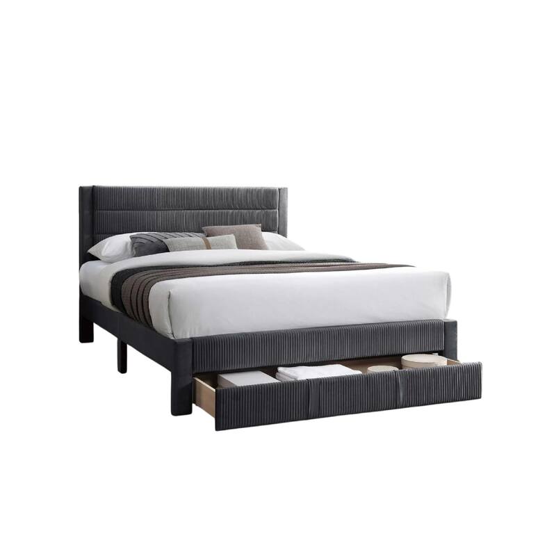 Daisy Full Bed w Drawer, Charcoal Gray Corduroy Upholstery, Foam