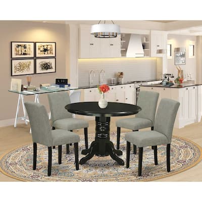 HomeStock 5-Piece Round Black Finish Solid Wood Top Dining Table with 4-Parson Chair with Lattice Back