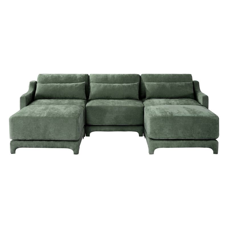 105.9" Chenille 3-Seater Sofa with 2 Ottomans, Lumbar Pillow & Wooden Base