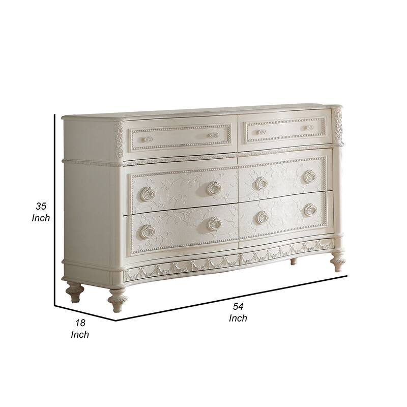 Dorie 54 Inch Wide Dresser, 6 Drawers, Oval Molded Trim, Ivory White Wood