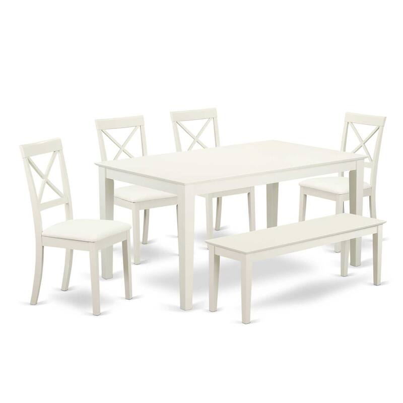 HomeStock 6-Piece Rectangle Linen White Finish Solid Wood Top Dining Table with 1 Bench, 4 Chairs with Lattice Back