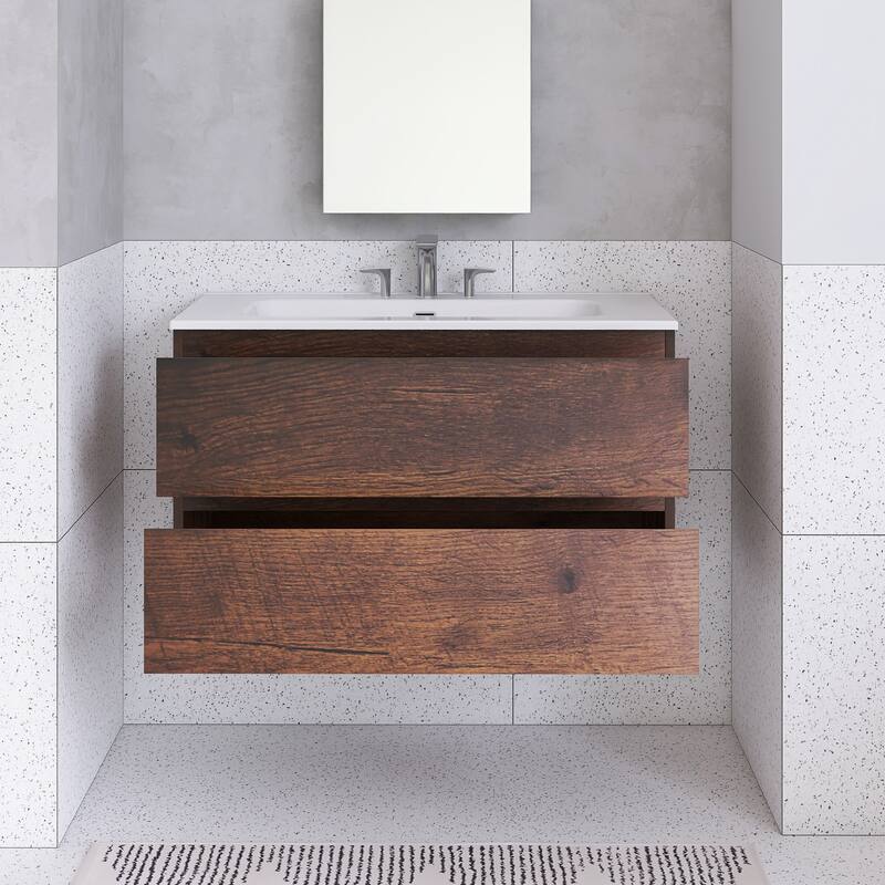 Floating Integrated Bathroom Vanity with Ceramic Sink, Three Faucet Holes