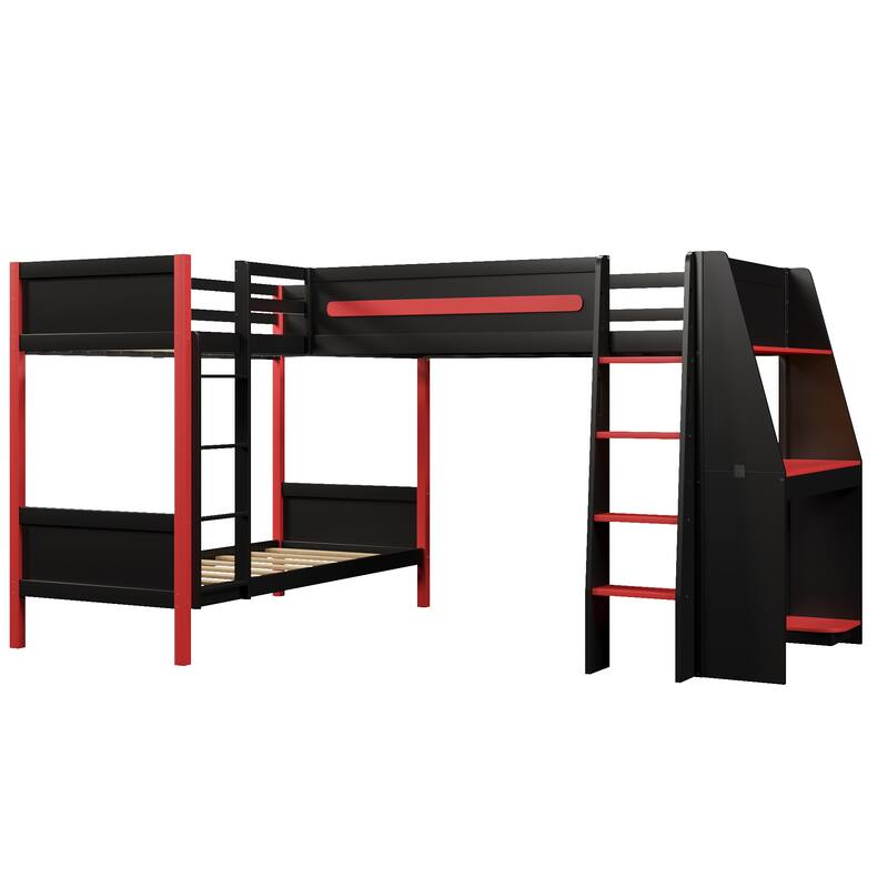 Gamer-Inspired Design L-Shaped Twin Over Twin Bunk Bed Teens Gaming Loft Bed with Desk, Shelves and LED Strip Lighting for Boys