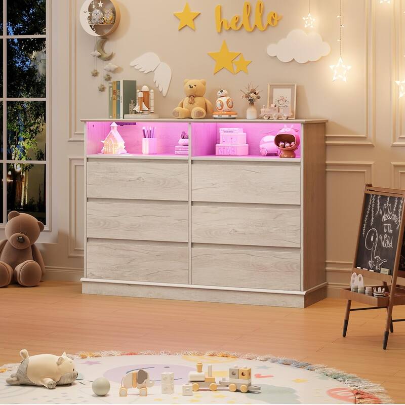 Dresser for Bedroom with 6 Drawers, Modern Chest Featuring LED Lights and Charging Station - Oak - 6-drawer