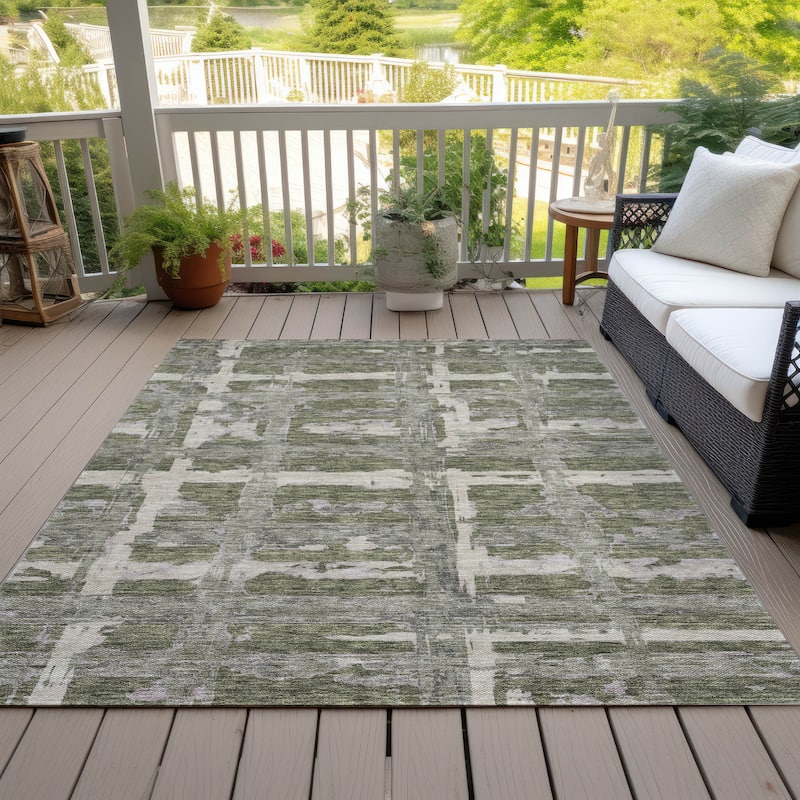 Machine Washable Indoor/ Outdoor Chantille Abstract Contemporary Rug - Olive - 9' x 12'