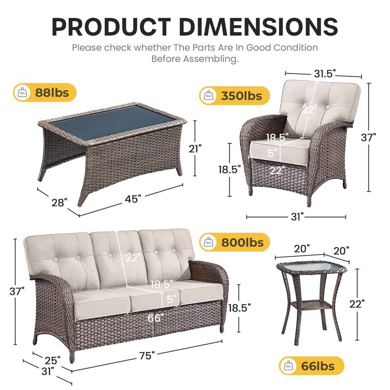 Gymojoy Outdoor Wicker Patio Furniture Set, 5" Thick Cushioned Rattan Conversation Set with Sofa & Chairs