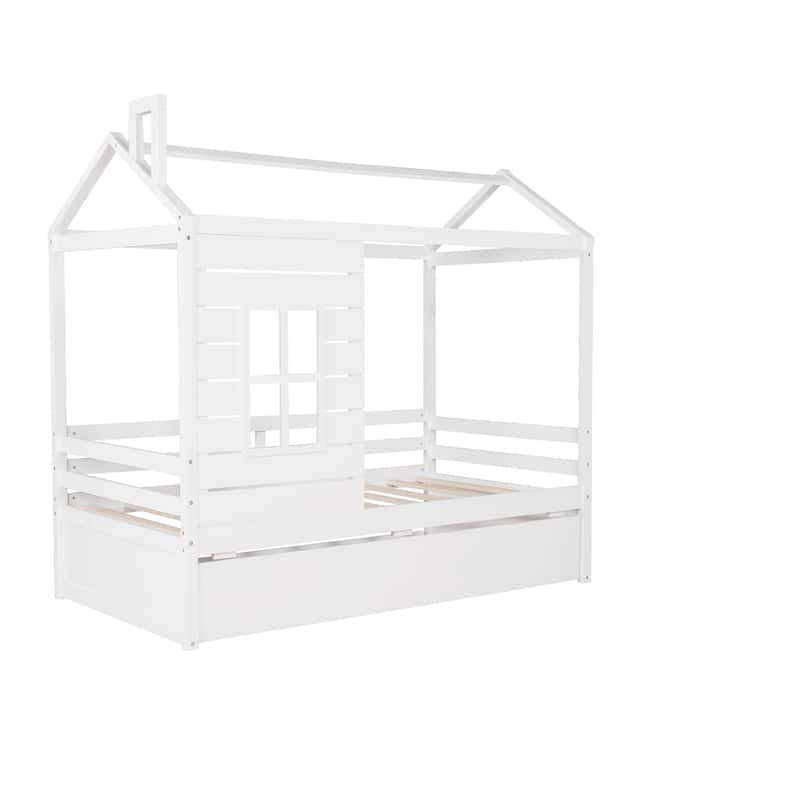 Twin House Bed with Trundle for Kids, Space-Saving Wood Bed with Playhouse Design