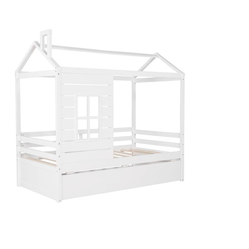 Twin Size House Bed with Trundle and Guardrails for Kids, Space-Saving Design