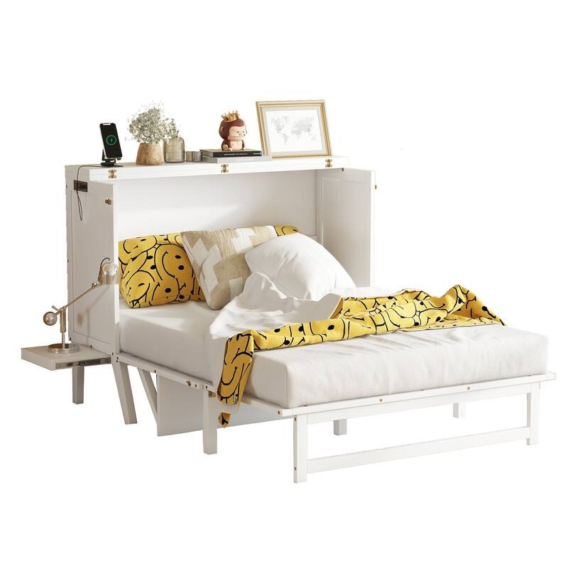 Murphy Cabinet Bed with USB Port and Removable Shelves on Each Side, Space-Saving Cube Cabinet Bed with Desk