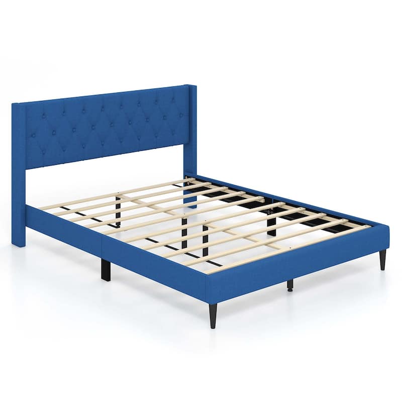 Costway Queen Size Upholstered Platform Bed with Button Tufted - Blue