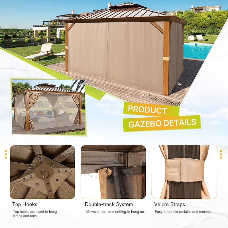 Outdoor Galvanized Steel Roof Gazebo Pergola w Wooden Coated Alumninum Frame, Privacy Curtains and Nettings Include