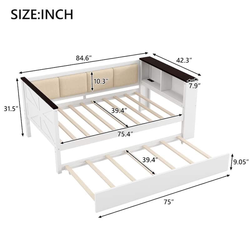 GDFStudio - Wood Daybed with Storage Shelves, Upholstered Backrest, Trundle and USB