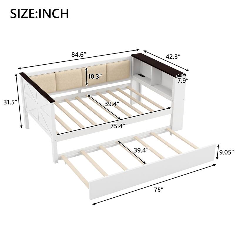 Wood Daybed with Storage Headboard Shelves Built-in USB, Upholstered Backrest and Trundle Bed, White Platform Storage Bed Frame