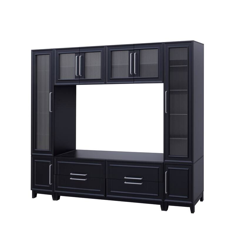 102" W Entertainment Unit TV Stand for TVs up to 75", Wall Unit Entertainment Center with Glass Cabinets