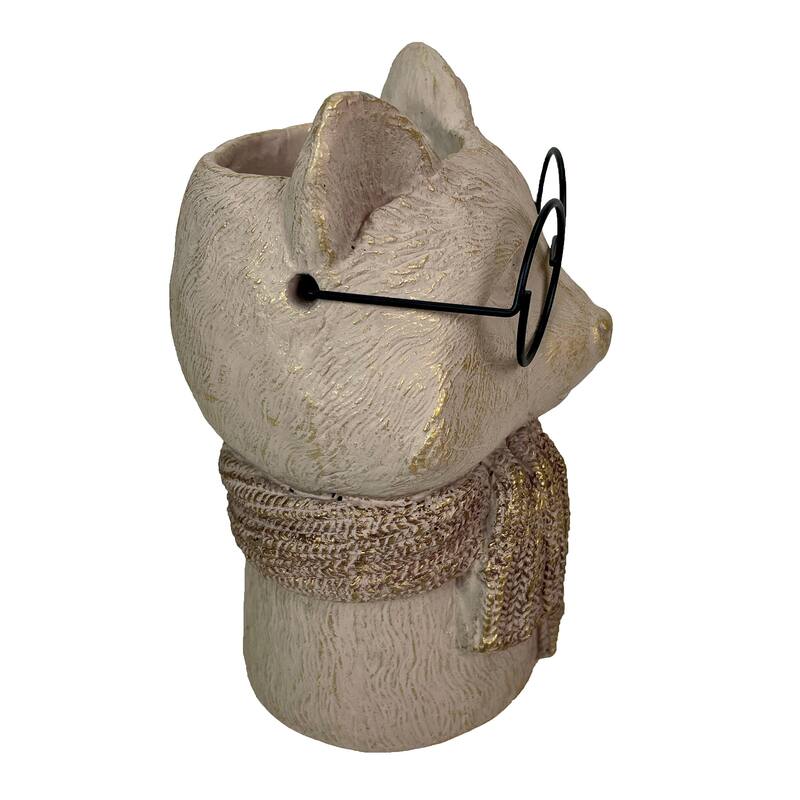 Bespectacled Fox Cement Vase 8.25In Cute Fox Planter, Animal Flower