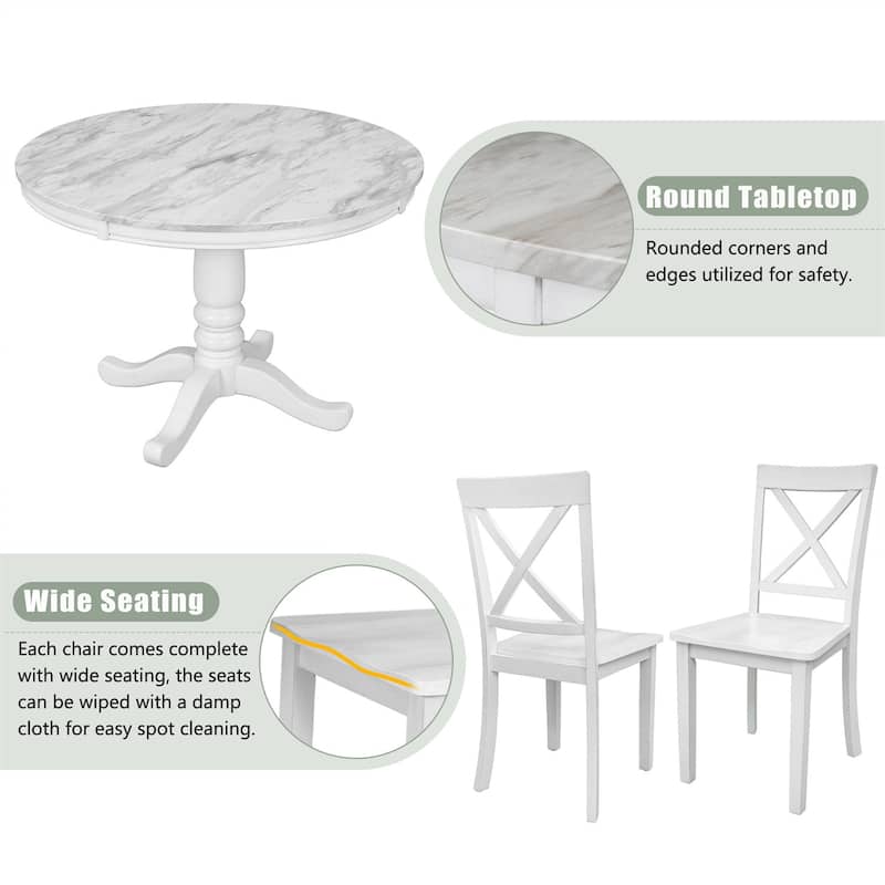 5 Piece Modern Solid Wood Dining Table Set with Chairs, Faux Marble Top