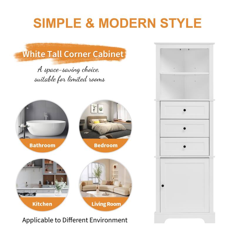 Modern White Tall Triangular Storage Cabinet With 3 Drawers & Customizable Shelves.