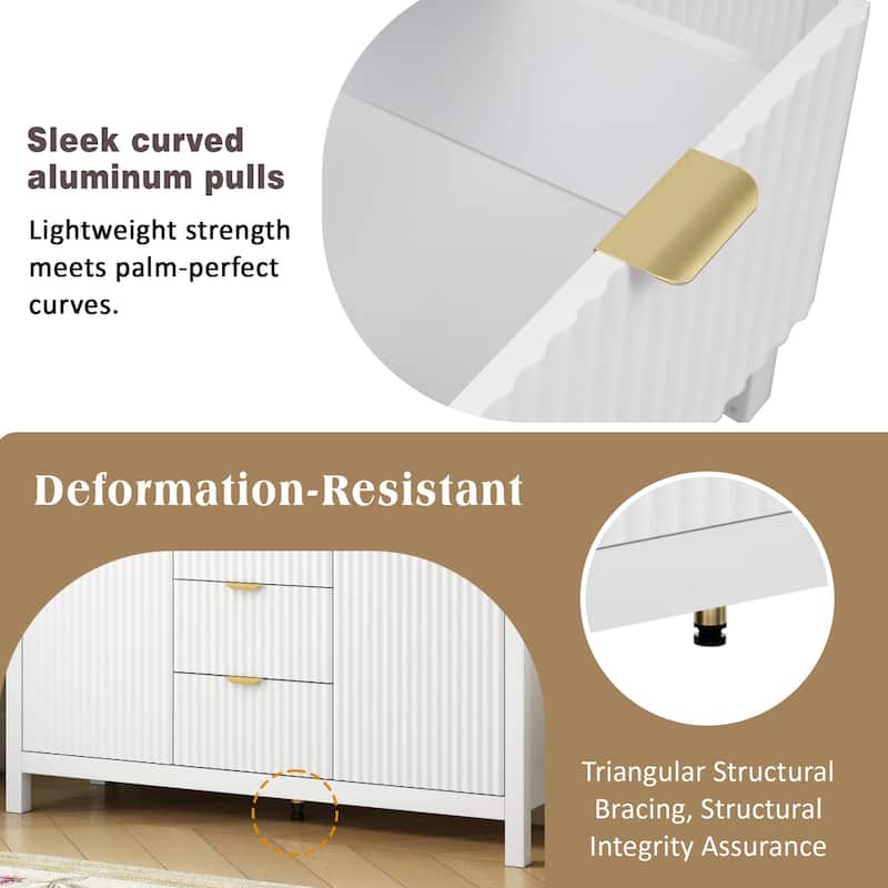 Roomfitters Modern Sideboard Buffet with Wave Design, 3 Drawers and Adjustable Shelves, Storage Cabinet with Gold Handles, White