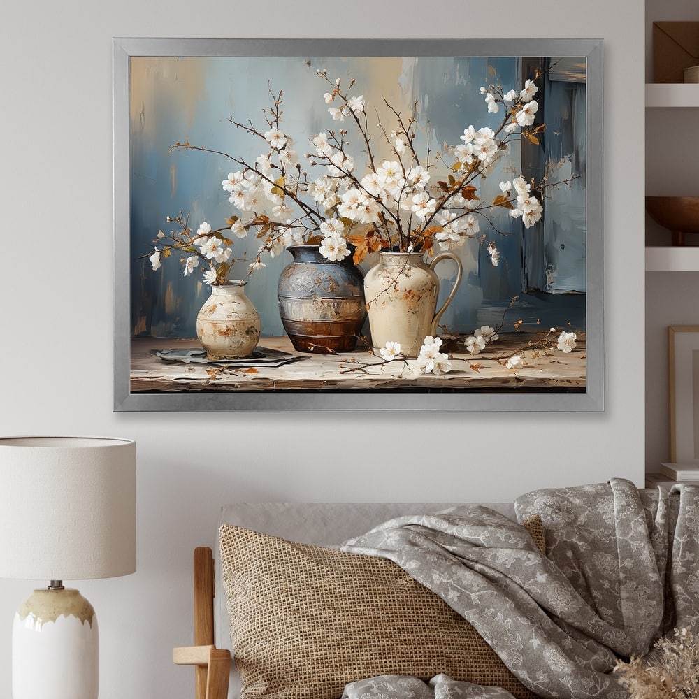 Designart "Pottery And Flowers Still Life I" Landscape Trees Framed Canvas Art Print