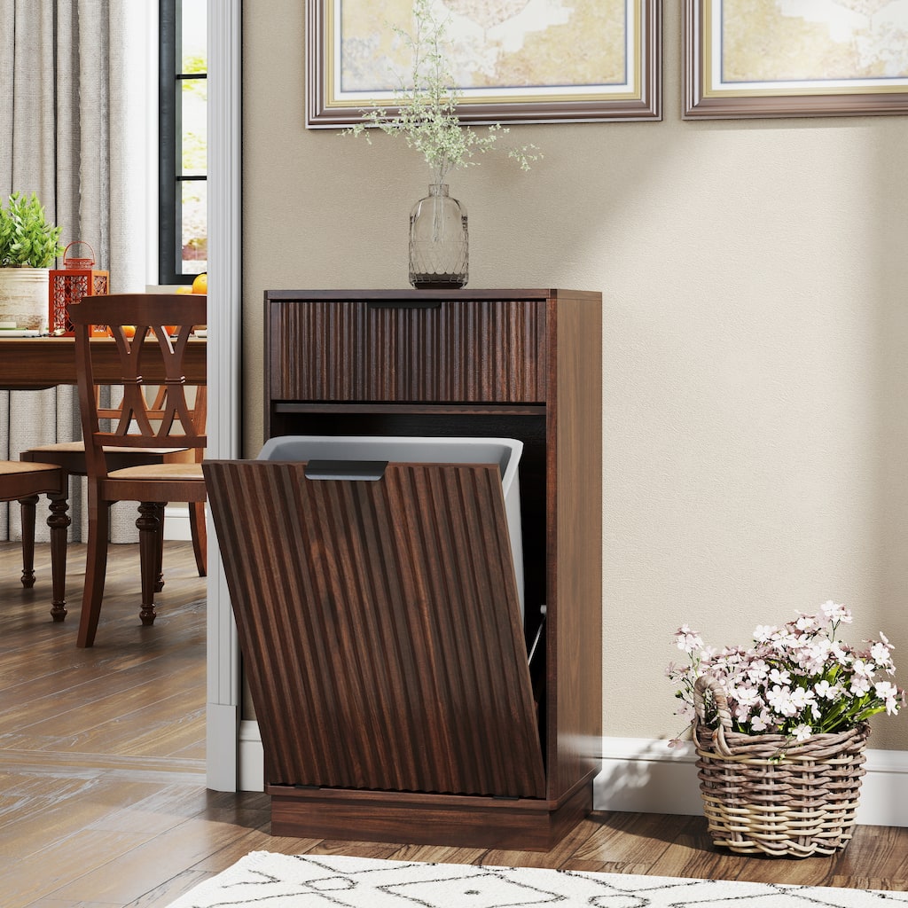 10-Gallon Woodgrain Tilt-Out Trash Can Cabinet Wooden Garbage Recycling Cabinet with Wave-Textured Hideaway Drawer
