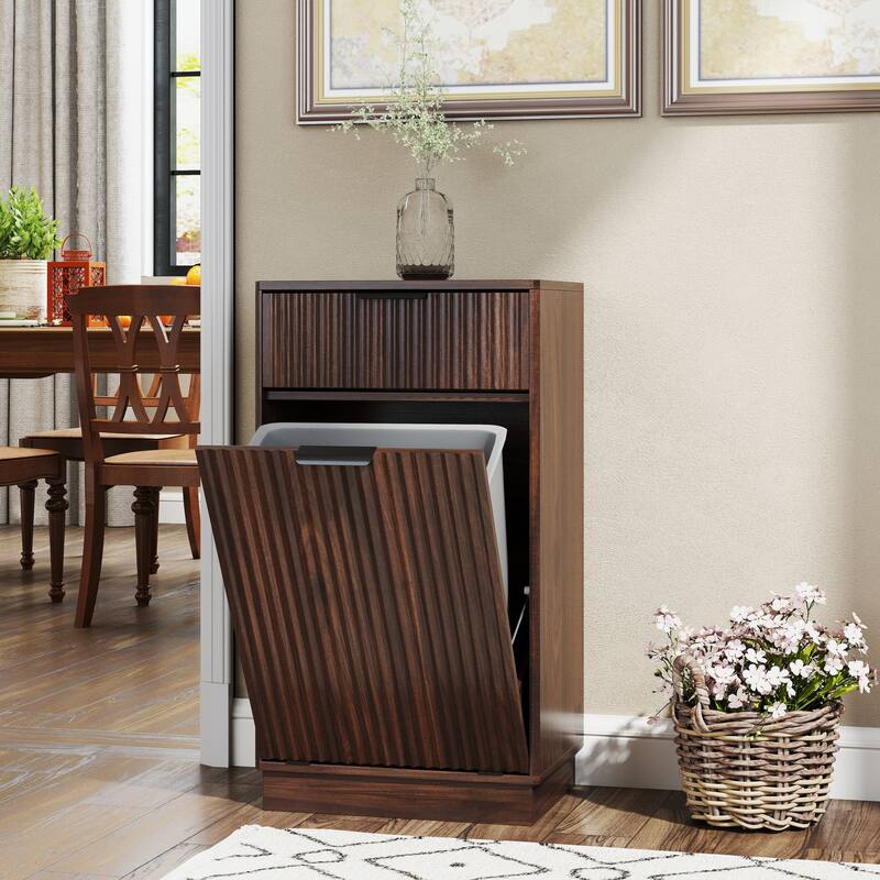 GDFStudio - Madison 10-Gallon Tilt-Out Woodgrain Cabinet with Textured Drawer & Hidden Bin - 10-Gallon - Walnut
