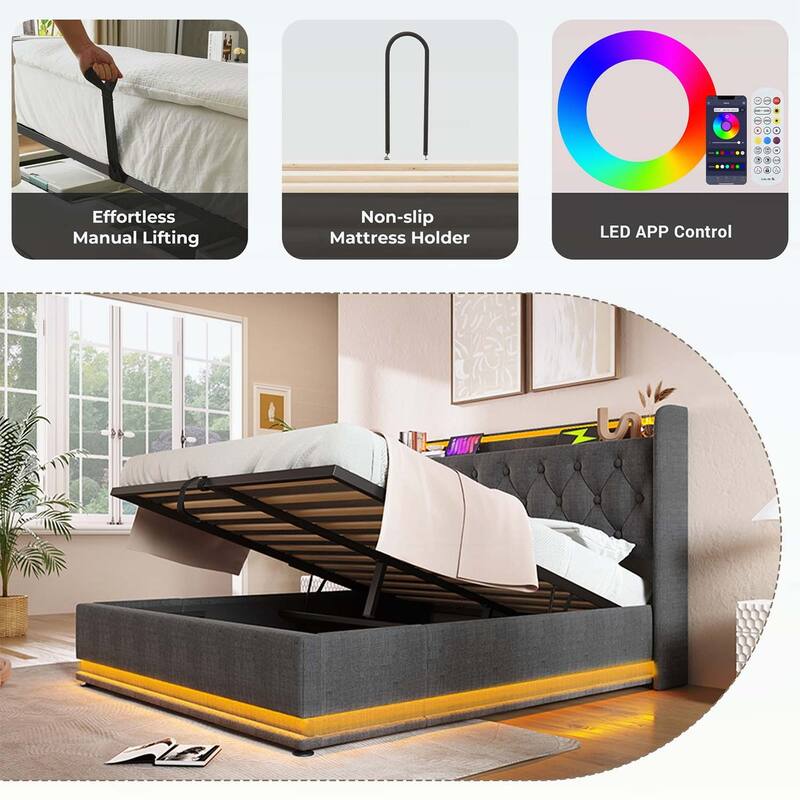 Classic Upholstered Bed with 360 LED Lighting,Hydraulic Storage,and USB Charging