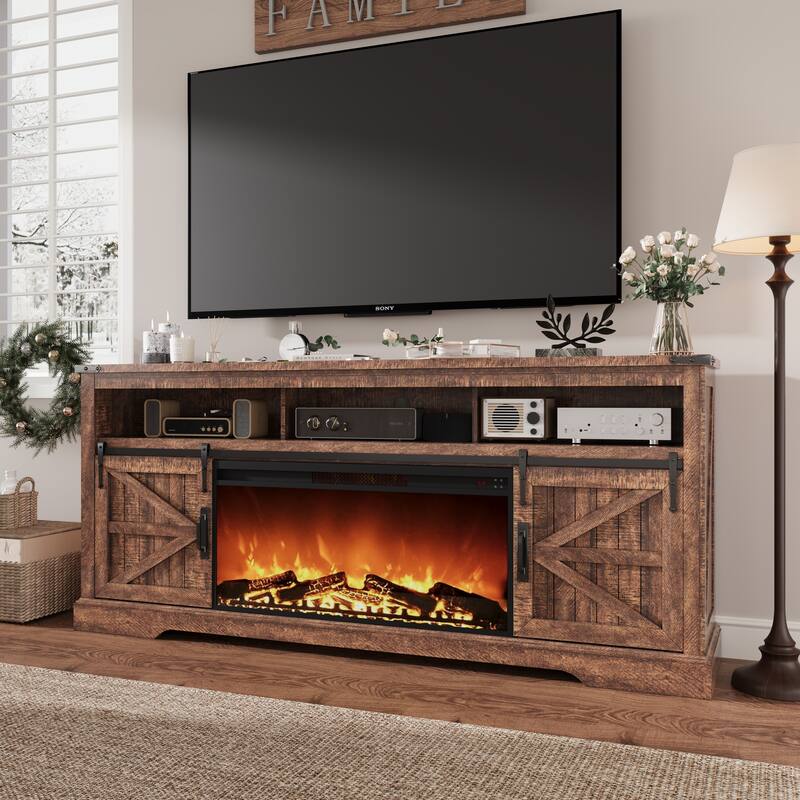 Fireplace TV Stand,Farmhouse Entertainment Center w/Sliding Barn Door