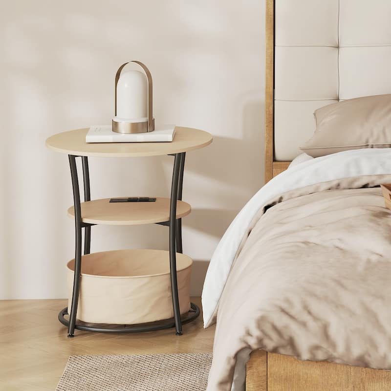 HOMCOM Round Side Table with Charging Station, 3-Tier End Table with Fabric Storage Bag, Shelf and Steel Frame for Living Room