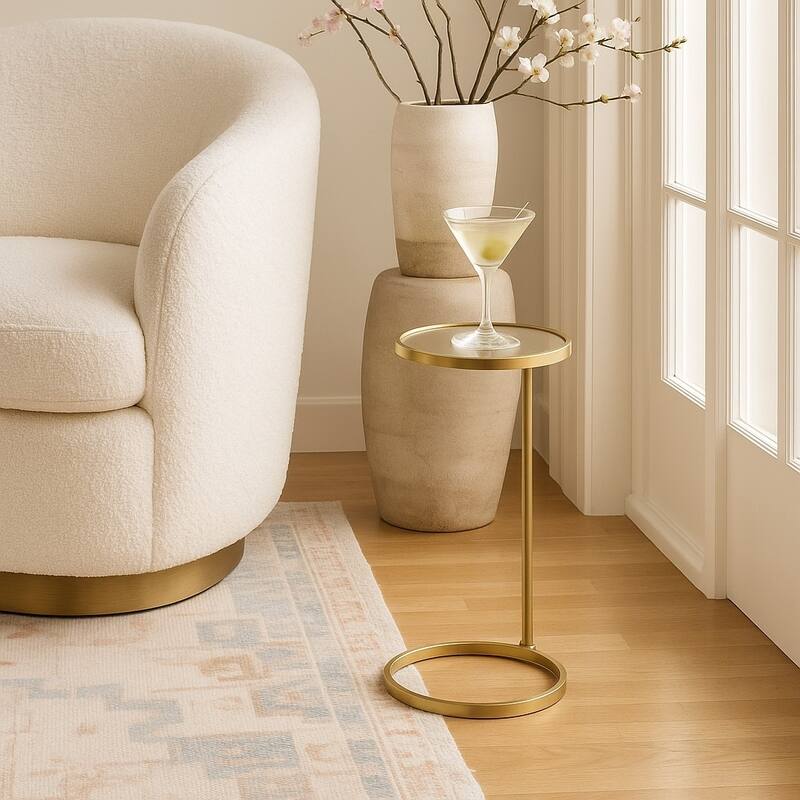 C Shaped Martini Drink Round Table with Black or Gold Metal Base, Carrara Marble or Tempered Glass top - 24.55" high x 10" diameter - Gold Table with glass top
