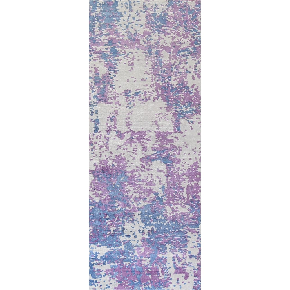 Contemporary Abstract Oriental Runner Rug Handmade Purple Wool Carpet - 2'6"x 9'3"