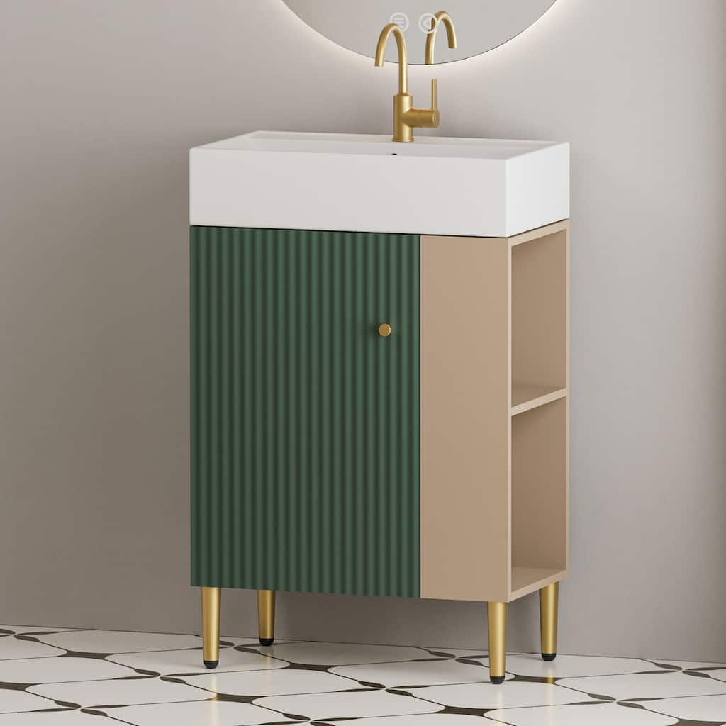 Compact White Bathroom Vanity with Ceramic Sink, Soft-Closing Cabinet, and Brushed Copper Accents for Small Spaces