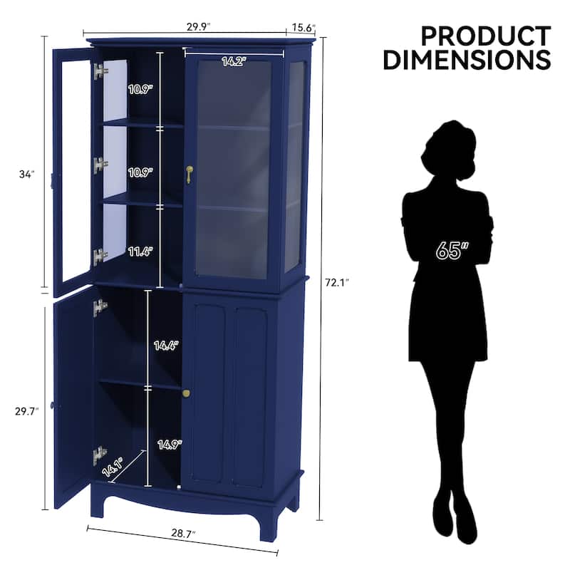 72" Freestanding Kitchen Pantry with Glass Doors