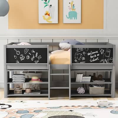 Twin Size Low Loft Bed with Two Movable Shelves and Ladder,with Decorative Guardrail Chalkboard,Gray