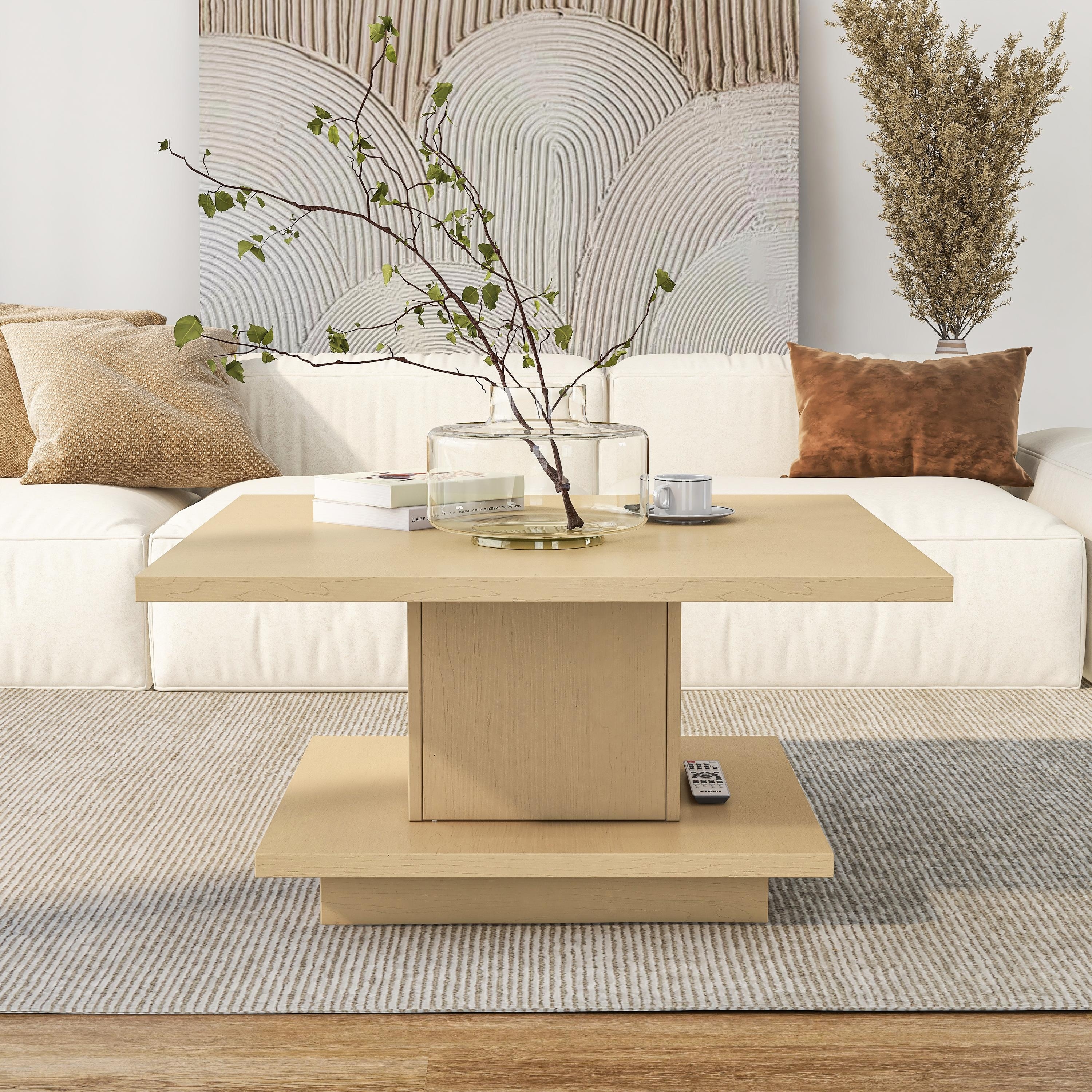 Ross Modern Square Coffee Table with Wrap Around Base Shelf and Hidden Storage by Strick Bolton