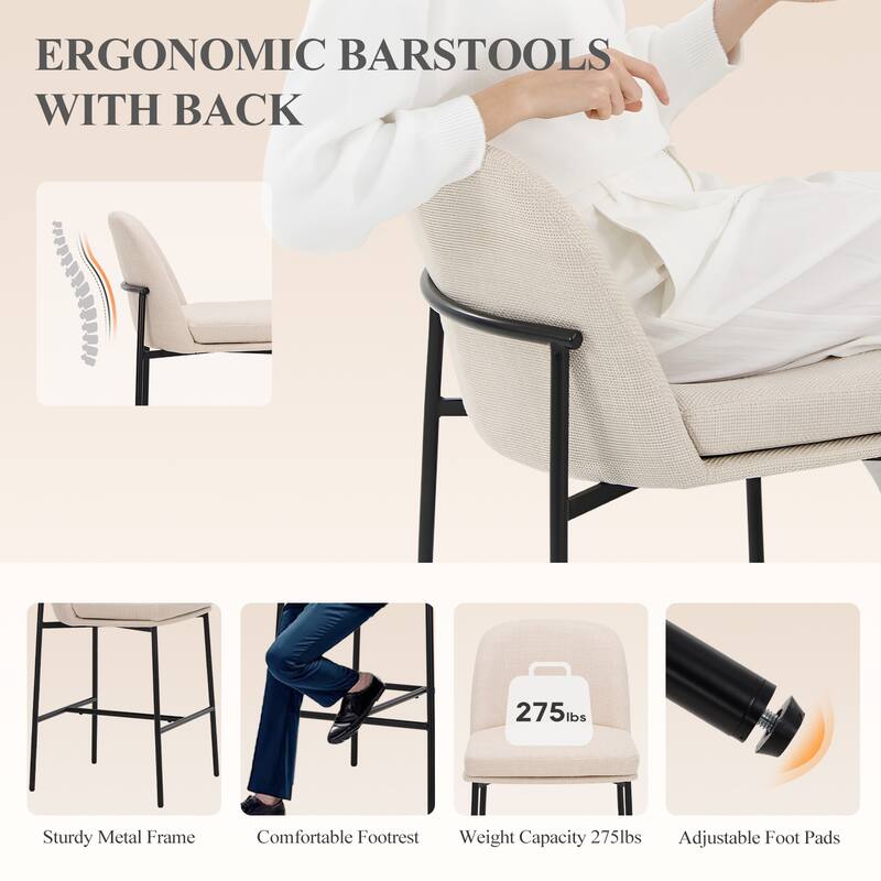 25" Counter Stools Set of 2 - Fabric Upholstered w/Metal Legs - Back Support For Kitchen & Bar