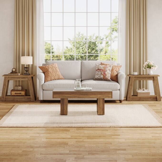 Rustic Wood End Table, Small Side Table With 2-Tier Storage Shelves