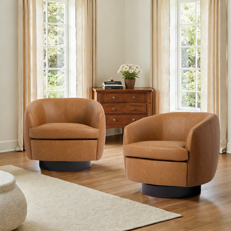 Upholstered Swivel Barrel Chair Set of 2 - Light Brown