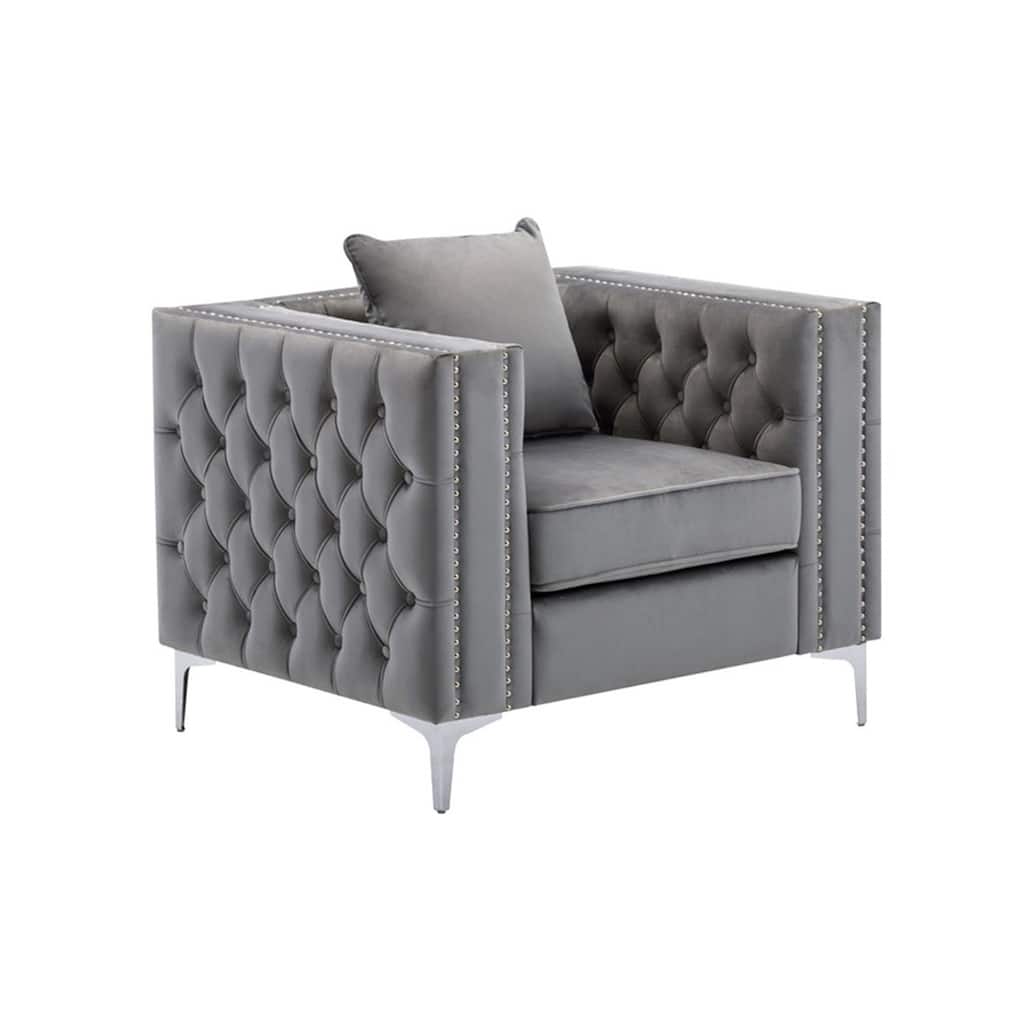 Velvet Chair with Button Tufted in Gray