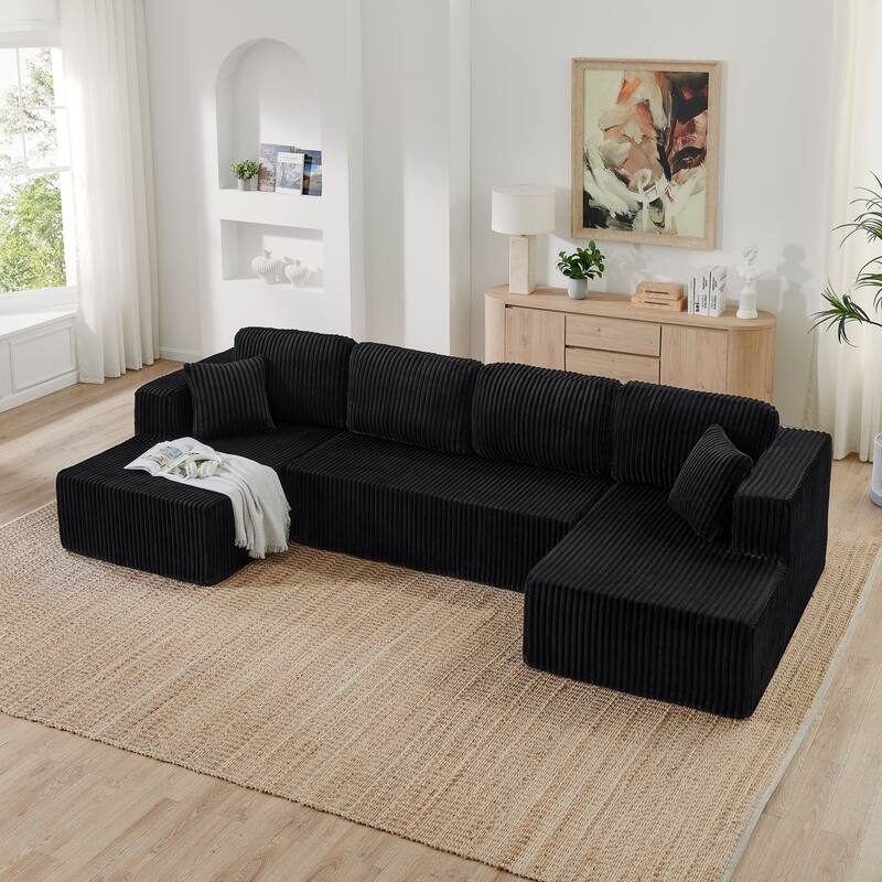 U Shape Modular Sectional Sofa with Dual Chaise Lounges, Corduroy Upholstered Sleeper Sofa, Comfy Compressed Sectional Sofa - Black