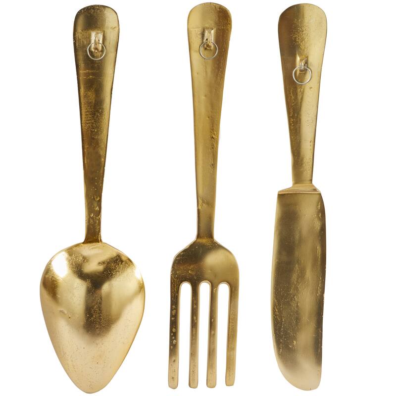 Gold Aluminum Metal Knife, Spoon and Fork Utensils Home Wall Decor (Set of 3)