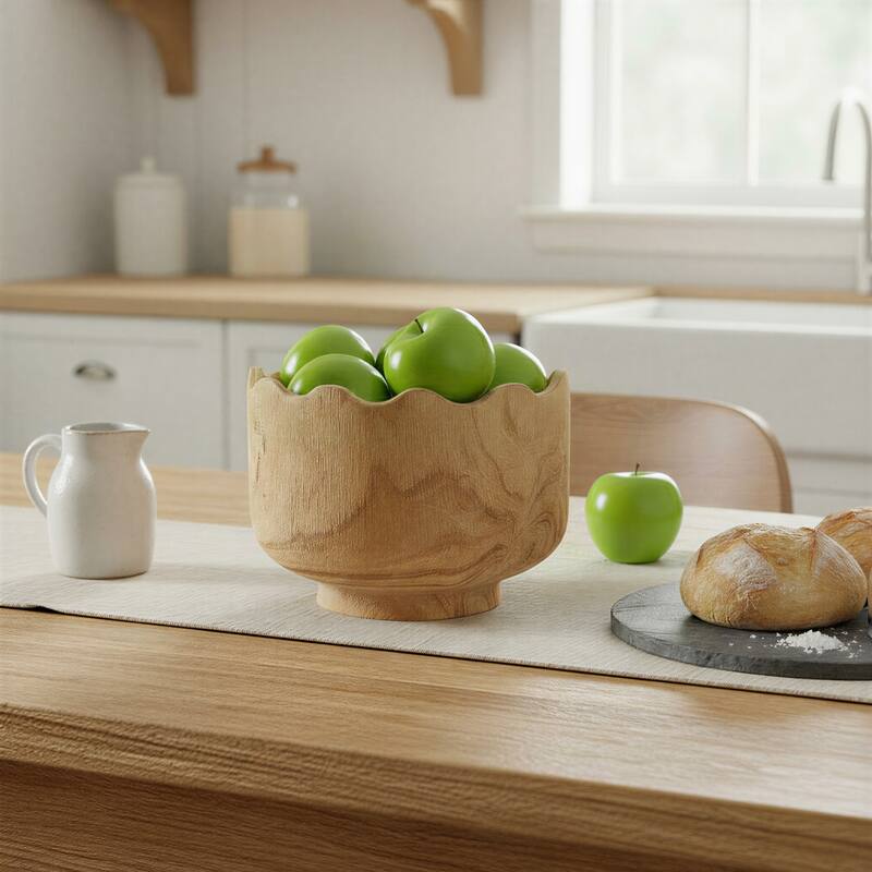 Scalloped Edge Paulownia Wood Decorative Bowl - 10.24"L x 10.2"W x 7.48"H - Natural